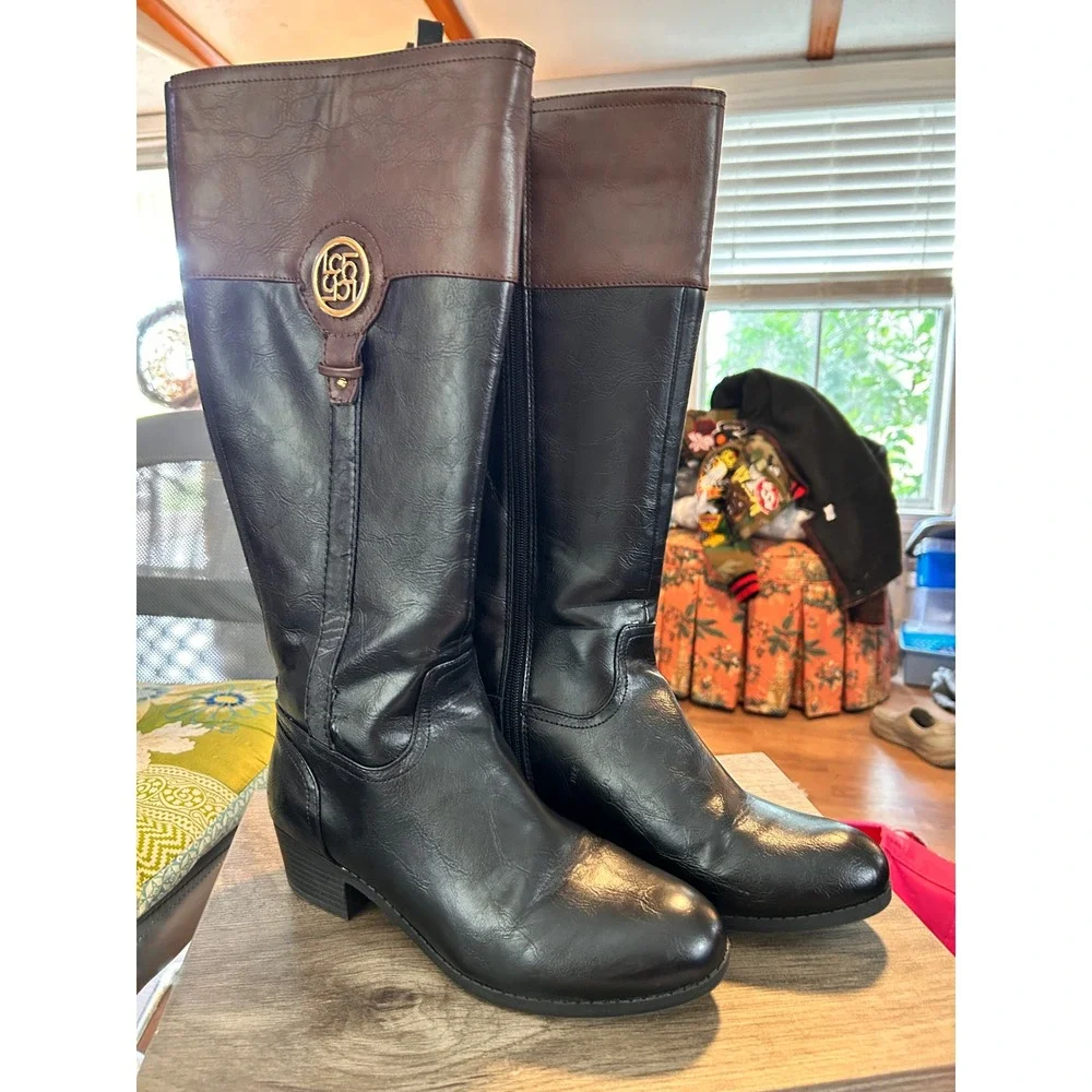 Liz Claiborne Women's Black Brown Tall Riding Boots Knee‎ High Fashion Size 8.5